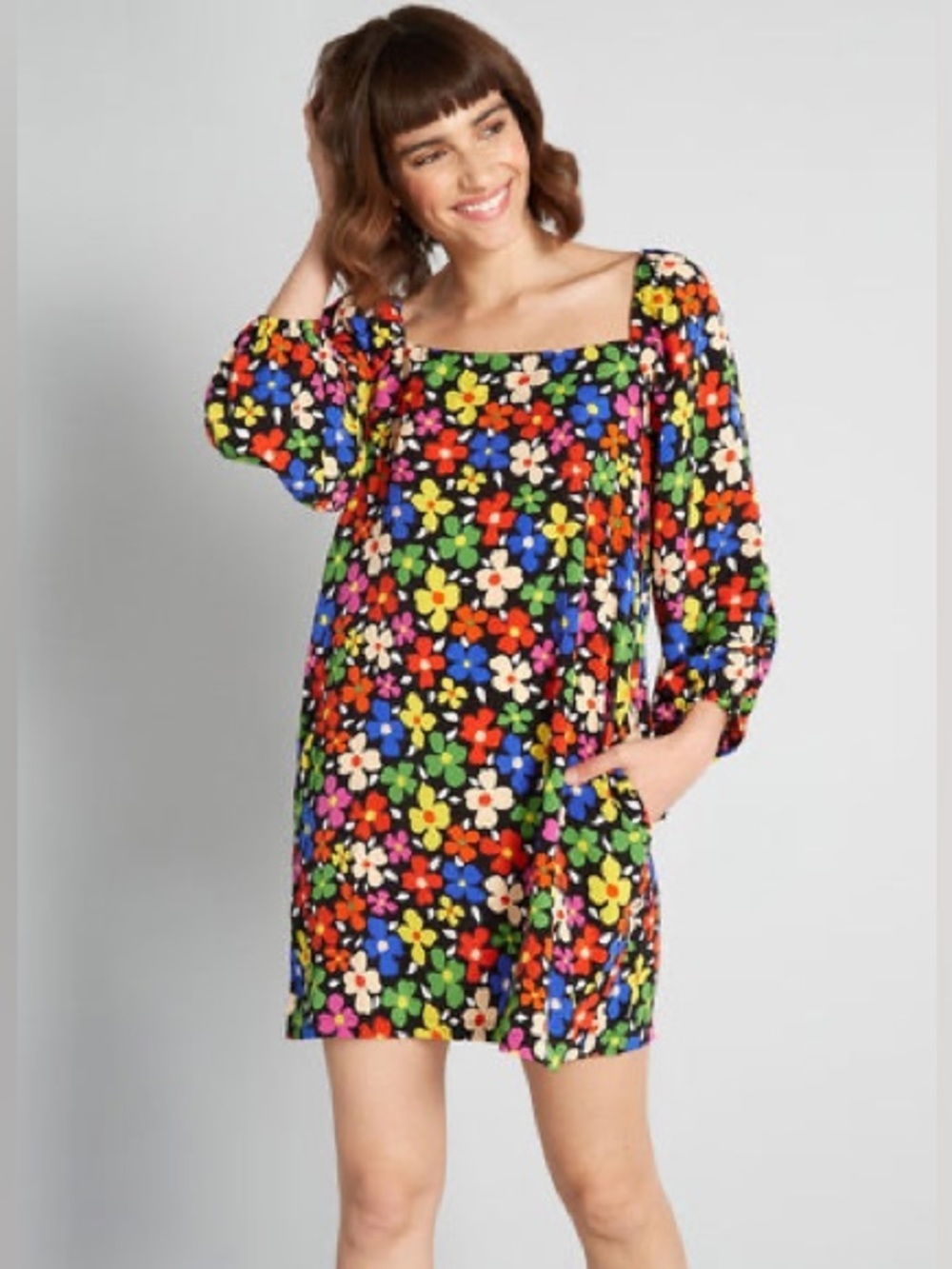 Traffic People Colorful Floral Retro Long Puff Sleeve Pop Art MIni Dress Medium